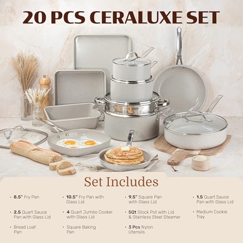 Ceraluxe 20Pc Pots and Pans Set Non Stick Ceramic Cookware Set (Cream)