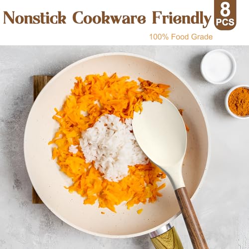 Non Stick Silicone Kitchen Utensils Set with Natural Acacia Hard Wood Handle (White)