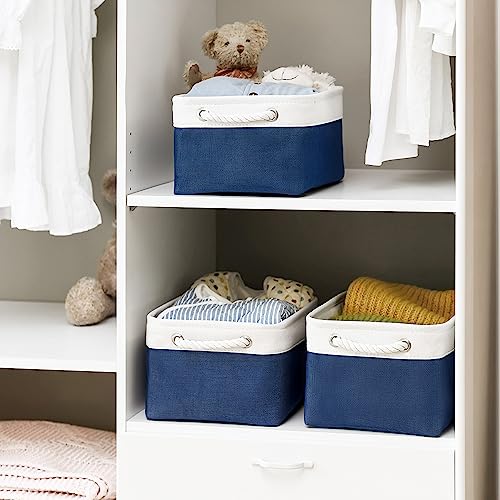 Storage Bins for Shelves (White & Blue / Medium -13.8Lx9.8Wx6.7H)