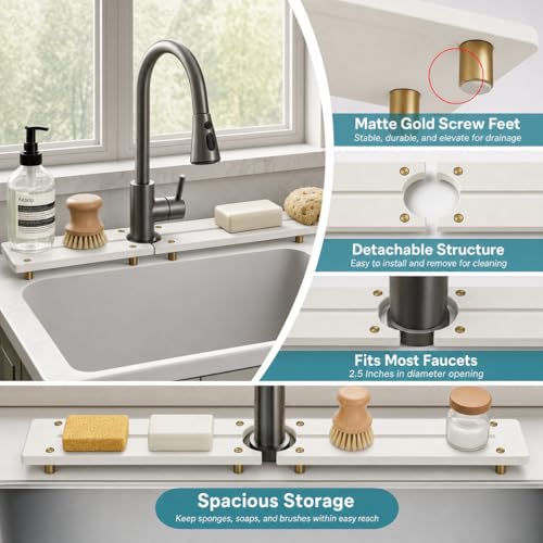2PCS Stone Faucet Mat for Kitchen Sink (24"x 4" - White - Gold)