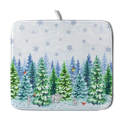 Winter Forest Dish Drying Pad for Kitchen Counter Green 18 X 16 In (Forest Bear Bird / 18" x 16")