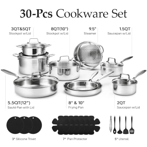 30 PCS Tri Ply Stainless Steel Cookware Set (Silver / 30 PCS)