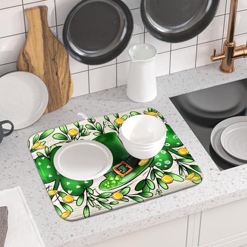 St Patrick's Day Shamrock Dish Drying Mat 16x18 inch Eucalyptus Leaves Dishes Pad Dish Drainer Mats Absorbent Fast Dry Kitchen Accessories (Shamrock Leaves / 16" x 18")