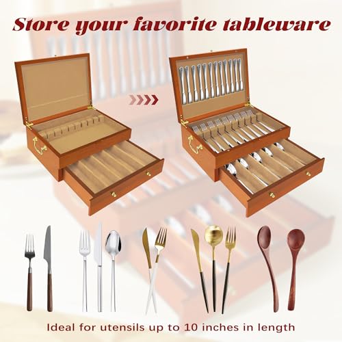 Silverware Storage Box Solid Wood with Lid (Oak / 2 Layer)