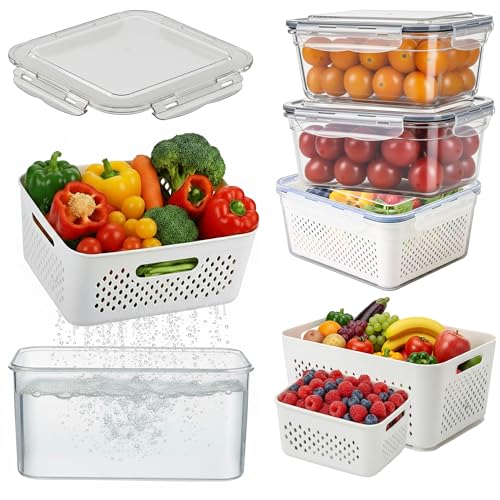 5 Pack Large Fruit Storage Containers for Fridge with Removable Colander (5 Pack - Fruit Containers)