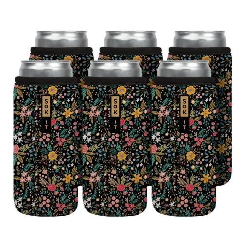 CanSok 6 Pack Sleeve for Beer & Soda Insulated Neoprene Cover (English Garden Picnic / 12oz Slim Can Sleeve - 6 Pack)
