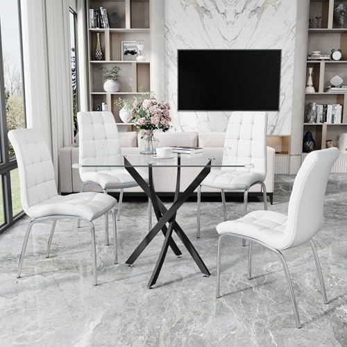 36” Square Glass Dining Table Set for 4 (Black Square Table/White Pu Chairs / 5 Pieces)