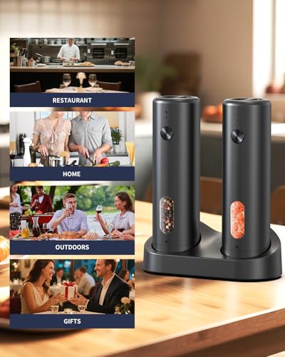 Rechargeable Electric Salt and Pepper Grinder Set with Charging Base (Midnight Black)