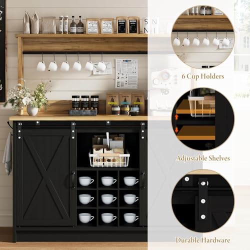 47" Farmhouse Coffee Bar Cabinet with Storage Hutch (47Inch / Black)