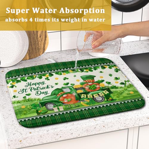 Shamrock Truck Dish Drying Mat Buffalo Check Dish Drainer Mat 16x18 inch Reversible Microfiber Quick Dry Rack Pad for Kitchen Counter Sink (Shamrock Truck Plaid / 16" x 18")