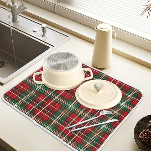 Christmas Red Green Buffalo Checkered Dish Drying Mat for Kitchen Counter Absorbent Microfiber Small Drying Pad Dish Mats for Kitchen Countertops 16 x 18 Inch (18" x 16")
