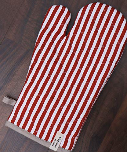 Striped Pot Holders and Oven Mitts Heat Resistant Non Slip Reusable Set of 1 Oven Mitt and 1 Pot Holder Oven Gloves Pot Holder for Cooking (7x13 inches & 8x8 inches / Stripe Rust)