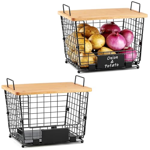 2 Set Large Stackable Wire Basket with Bamboo Tops & Tag (L)