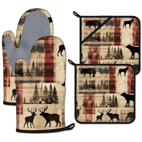 Deer and Bear Oven Mitts and Pot Holders Sets Heat Resistant 4Pcs Wild Animal Potholders Oven Gloves Hot Pads for Kitchen Baking Cooking Grilling BBQ (Deer and Bear)
