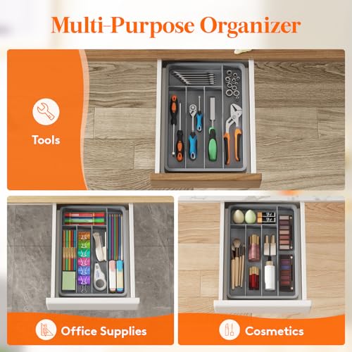 Silverware Drawer Organizer Tray (Gray / 9.5 x 13.4 inch (5 Slots))