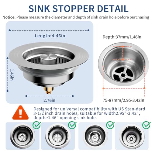 3-in-1 Kitchen Sink Drain Strainer & Sink Stopper 2 Pack - 304 Stainless Steel Sink Drain Strainer, Pop-Up Anti-Clog Design, Fits Standard 3-1/2'' Sink Drains (Sus304 Brushed 2pack)