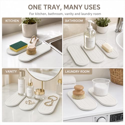 2PCS Water Absorbing Stone Drying Tray Mat for Bathroom Sink & Kitchen Counter Faucet Organizer Decor (2 Pack - Natural White / 10"x 3.8")