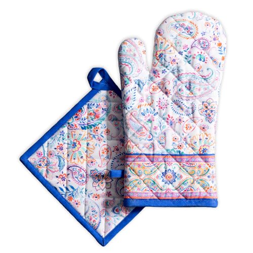 100% Cotton Oven Mitt & Pot Holder Set (083 - Indian Floral / 7.5" x 13" & 8" x 8" (Oven Mitt & Pot Holder))