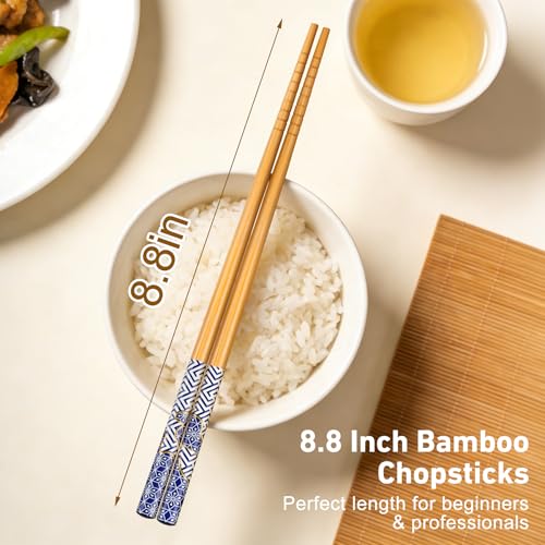 5 Pairs Bamboo Chopsticks Reusable Chopstick Exquisite Japanese Style Chop Sticks with Black Box for Sushi (Natural Bamboo - Auspicious Cloud Prints)
