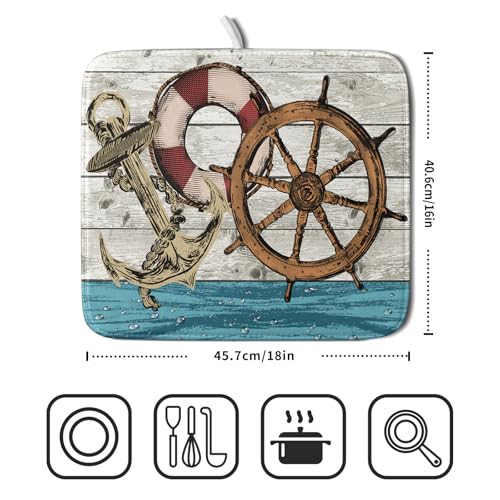 Nautical Anchor Dish Drying Mat 16x18 inch Coastal Boat Fast Dry Microfiber Reversible Dish Drainer Pad Kitchen Countertop Tabletop Decor (Marine Anchor / 16" x 18")