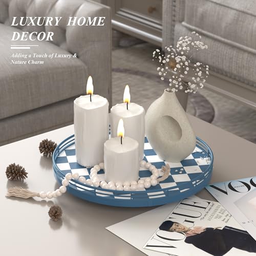 Blue and White Checkerboard Lazy Susan with Rubberwood Base and Metal Rail (Blue & White / 12 inches)
