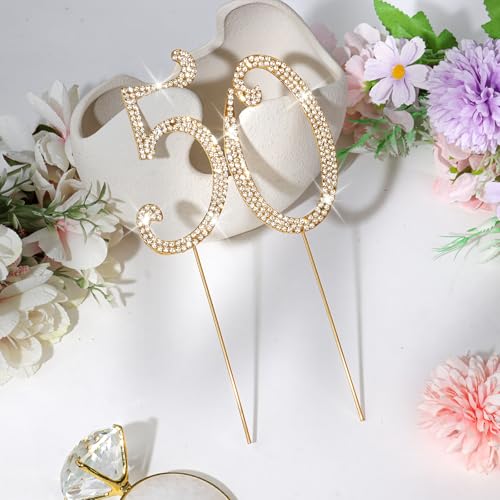 Gold 50th Birthday Cake Topper Rhinestones Cake Decorations for 50th Birthday Party (50th- Gold)