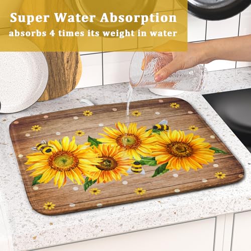 Sunflower Bee Dish Drying Mat for Kitchen Counter Home 16x18 Inch Wood Barn Microfiber Drainer Rack Mats Washable Absorbent Dish Dry Pad (Sunflower Bee Wood / 16" x 18")