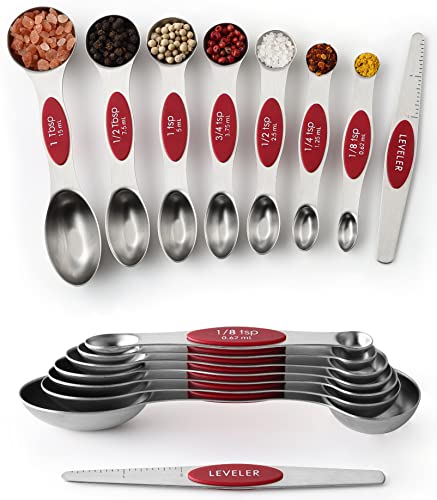 Stainless Steel 8 Magnetic Measuring Spoons Set (Red / 2-Pack)