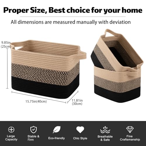 30L Storage Basket Large Blanket Basket Living Room Black & Brown (Black & Brown / 3 pcs-16”x12”x10”)
