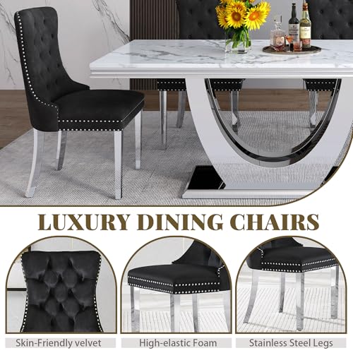 Marble Dining Table Set for 4 (Silver-white & Black Chairs / 5-piece (Table + 4 Chairs))