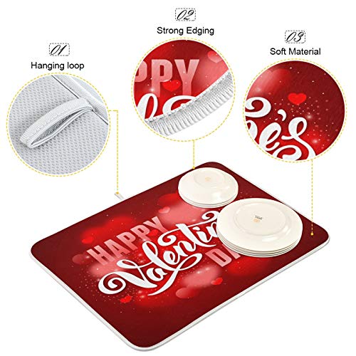 Happy Valentine's Day Bling Light Red Hearts Dish Drying Mat for Kitchen Counter Absorbent Microfiber Large Drying Pad Dish mats for Kitchen Countertops 18 x 24 Inch (Hearts Holiday / 18" x 24")