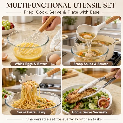 Silicone 10 Pcs Kitchen Cooking Utensils Set (CreamWhite)