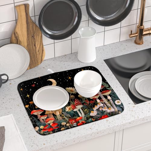 Black Mushroom Dish Drying Mat for Kitchen Counter Leaves Botanical Microfiber Dish Rack Mat Drainer Pad Washable Absorbent Dry Mat 16x18 Inch (Black Mushroom / 16" x 18")