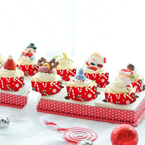 100Pcs Christmas Paper Baking Cups Red Green Candy Cane Cupcake Wrappers Scalloped Edge Cupcake Muffin Cases for Xmas Winter Holiday Party Dessert Decoration (Christmas Candy Cane)