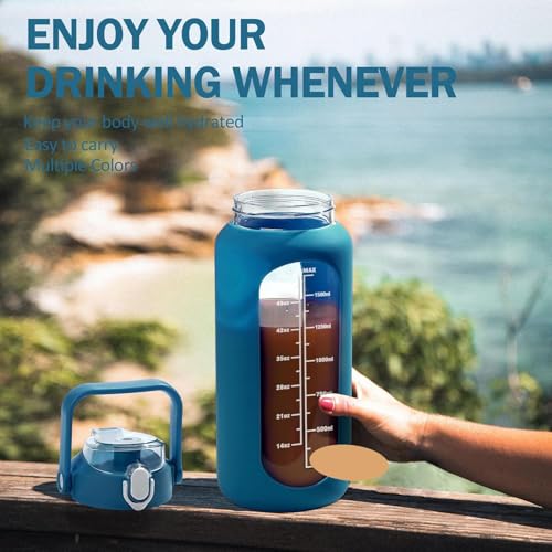 64oz Glass Water Bottles with Straw (Iron Blue / 64 Ounces)