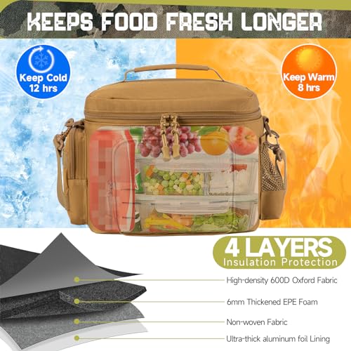 Tactical Lunch Bag for mens Military heavy duty lunch box work Leakproof insulated Durable Thermal Cooler Bag for Adult Meal for Office Camping Picnic Pail MOLLE Webbing Khaki