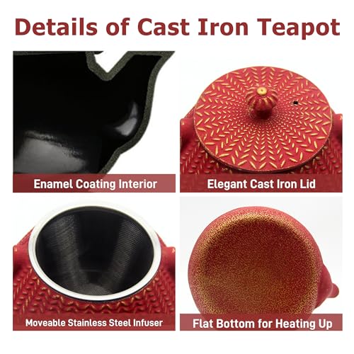 Small Cast Iron Tea Kettle for Stovetop Safe (Red, 1000ml/34oz)