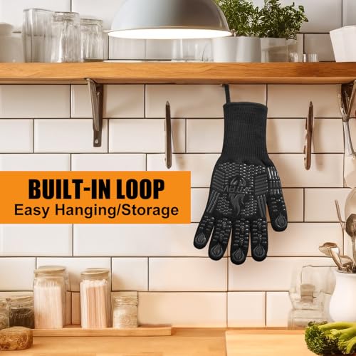 BBQ Gloves 1472°F Heat Resistant with Silicone Grip Oven Mitts (Black / Long (Glove L 13.78" × Palm W 6.33"))