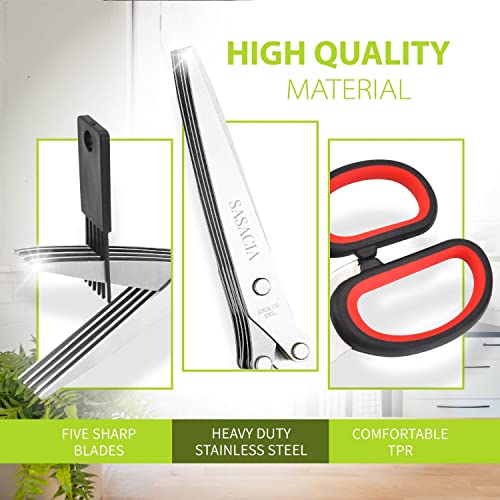 Herb Scissors with 5 Blades & Cleaning Kit (Red and Black)
