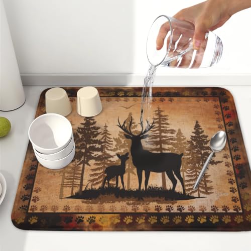 Forest Deer Dish Drying Mat Wildlife Animal Dishes Pad 16"x18" Microfiber Absorbent Fast Dry Drainer Rack Mats for Kitchen Countertop Decor (Forest Deer Brown / 16x18 inch)