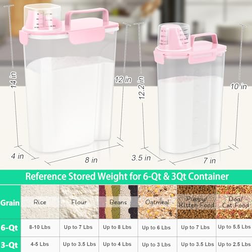 2 Pack Airtight Rice Container 5 Lbs +10 Lbs (Pink 3+6Qt)