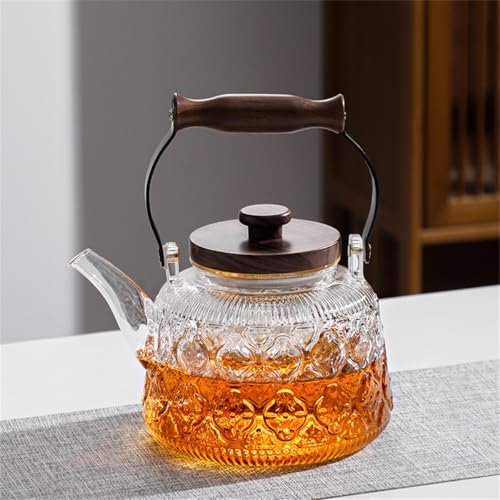 Stovetop Safe Glass Teapot with Malus Spectabilis Pattern Removable Infuser Fine Borosilicate Tea Pot perfect for Fruit Flowering Tea Canister Premium Quality Tea Kettle Gift (Transparent / 1000ml)