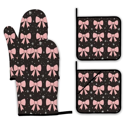 Cute Pink Bow Oven Mitts and Pot Holders (4 Count)