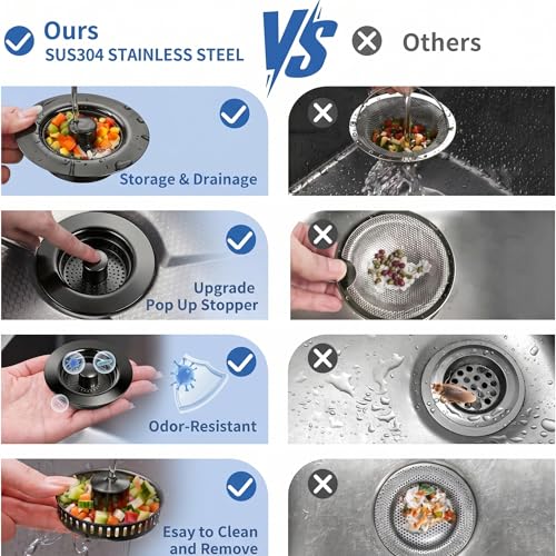 3-in-1 Kitchen Sink Drain Strainer & All-Purpose Sponges, 304 Stainless Steel Sink Stopper Pop-Up Drain Plug with Anti-Clogging Food Catcher Basket, Odor Blocker, Fits US Standard 3-1/2 Inch Sinks (Mattle Black)