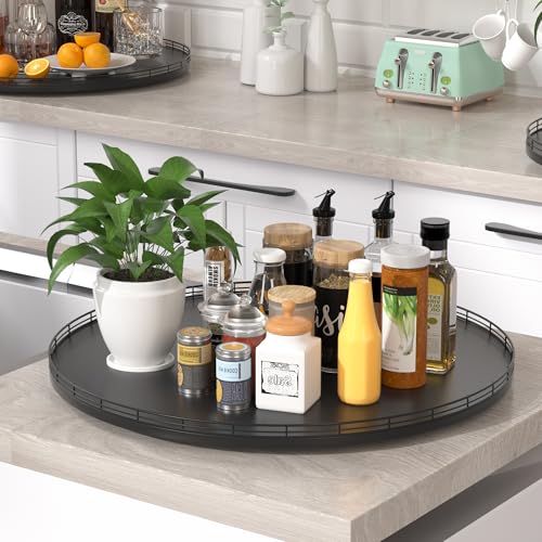 24 Inch Extra Large Oak Lazy Susan with Black Metal Rail (Black / 24)