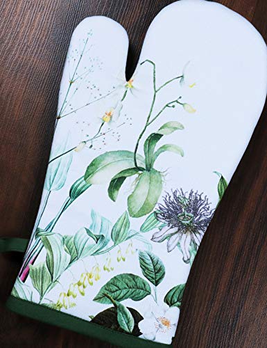 Oven Mitts Set of 1 Quilted Liner with Hanging Loop Non Slip (7x13 inches / Floral Shrubs)