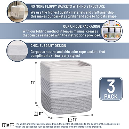 Storage Cubes 11 Inch Cotton Rope Woven Baskets for Organizing (3-Tone Gray)