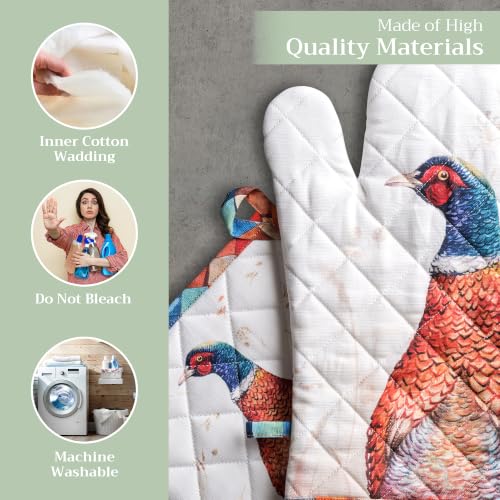 100% Cotton Oven Mitt & Pot Holder Set (084 - Faisan D'automne / 7.5" x 13" & 8" x 8" (Oven Mitt & Pot Holder))