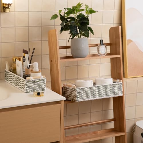 Toilet Paper Baskets Handmade Paper Rope Decorative Wicker Storage Tank Shelf Cabinet Organizer for Bathroom Home (Green & White)