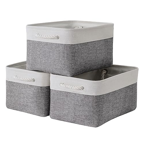 Storage Bins for Shelves (White&Grey / 3PCS/Medium -13.8Lx9.8Wx6.7H)